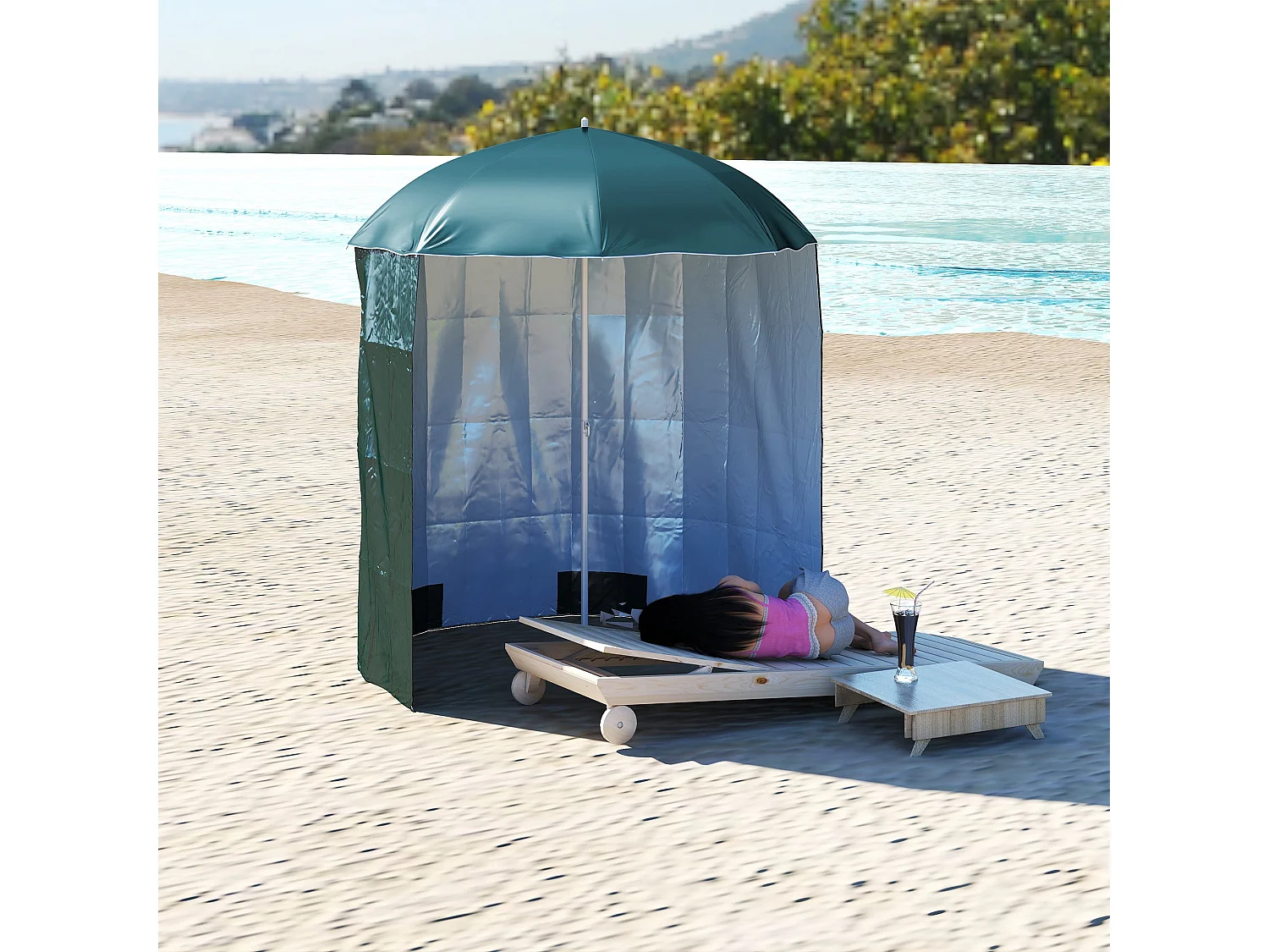Sombrilla York Outsunny panel lateral + bolsas de arena + estacas verde Ø220 cm