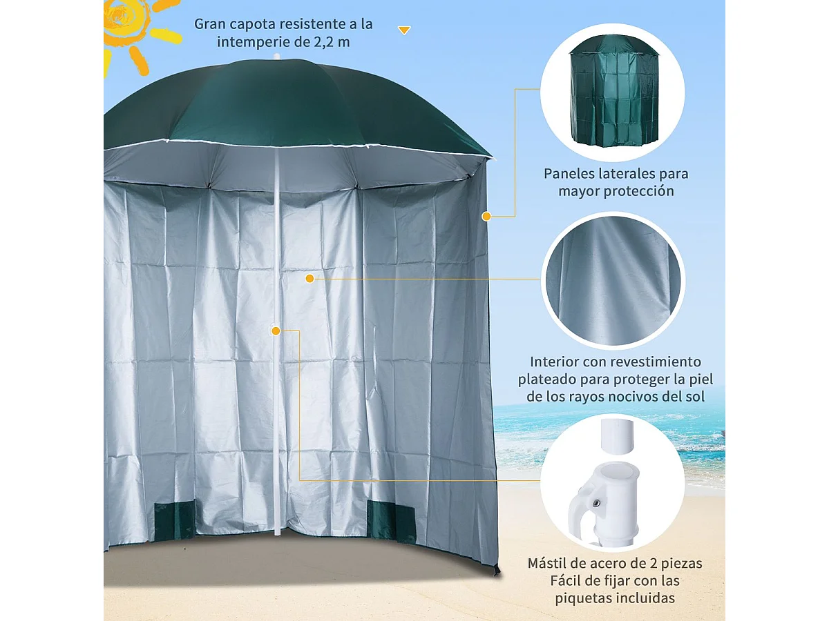Sombrilla York Outsunny panel lateral + bolsas de arena + estacas verde Ø220 cm