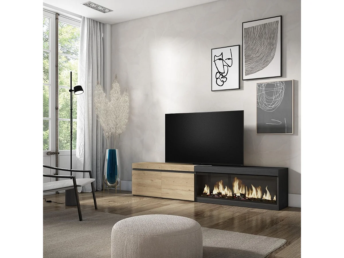 Mueble de TV Kroma armario doble con chimenea derecha negro/madera 45x208,2x34,6 cm