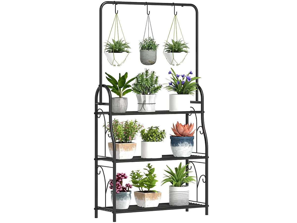Estantería para plantas Trigo Outsunny 3 niveles con 3 ganchos negro 137x75x25 cm