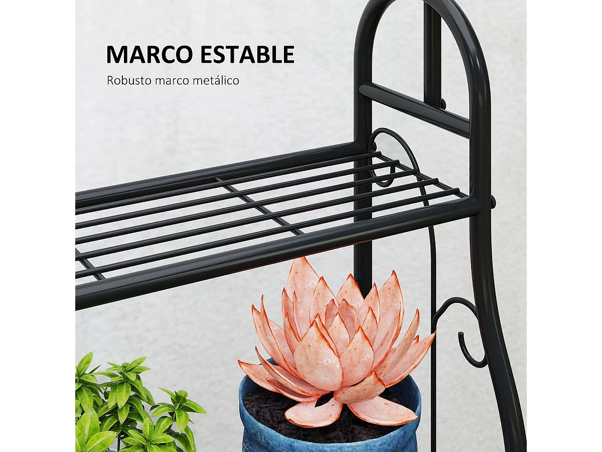 Estantería para plantas Trigo Outsunny 3 niveles con 3 ganchos negro 137x75x25 cm