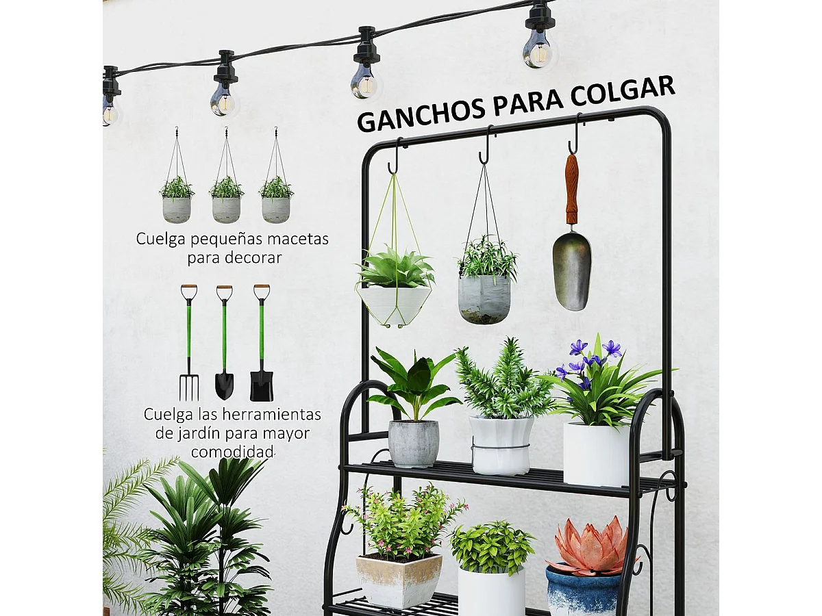 Estantería para plantas Trigo Outsunny 3 niveles con 3 ganchos negro 137x75x25 cm