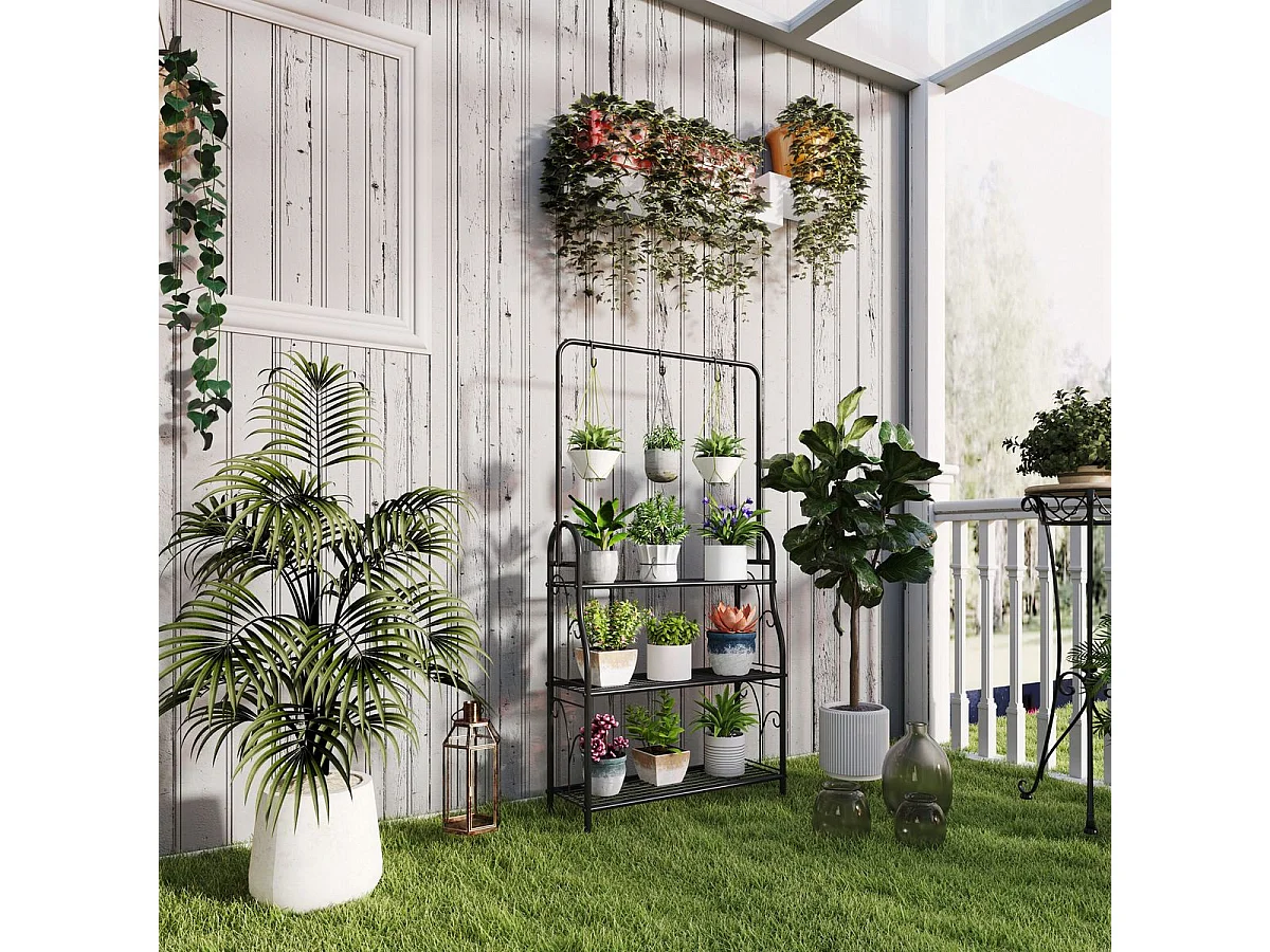 Estantería para plantas Trigo Outsunny 3 niveles con 3 ganchos negro 137x75x25 cm