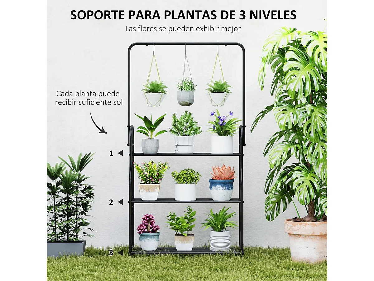 Estantería para plantas Trigo Outsunny 3 niveles con 3 ganchos negro 137x75x25 cm