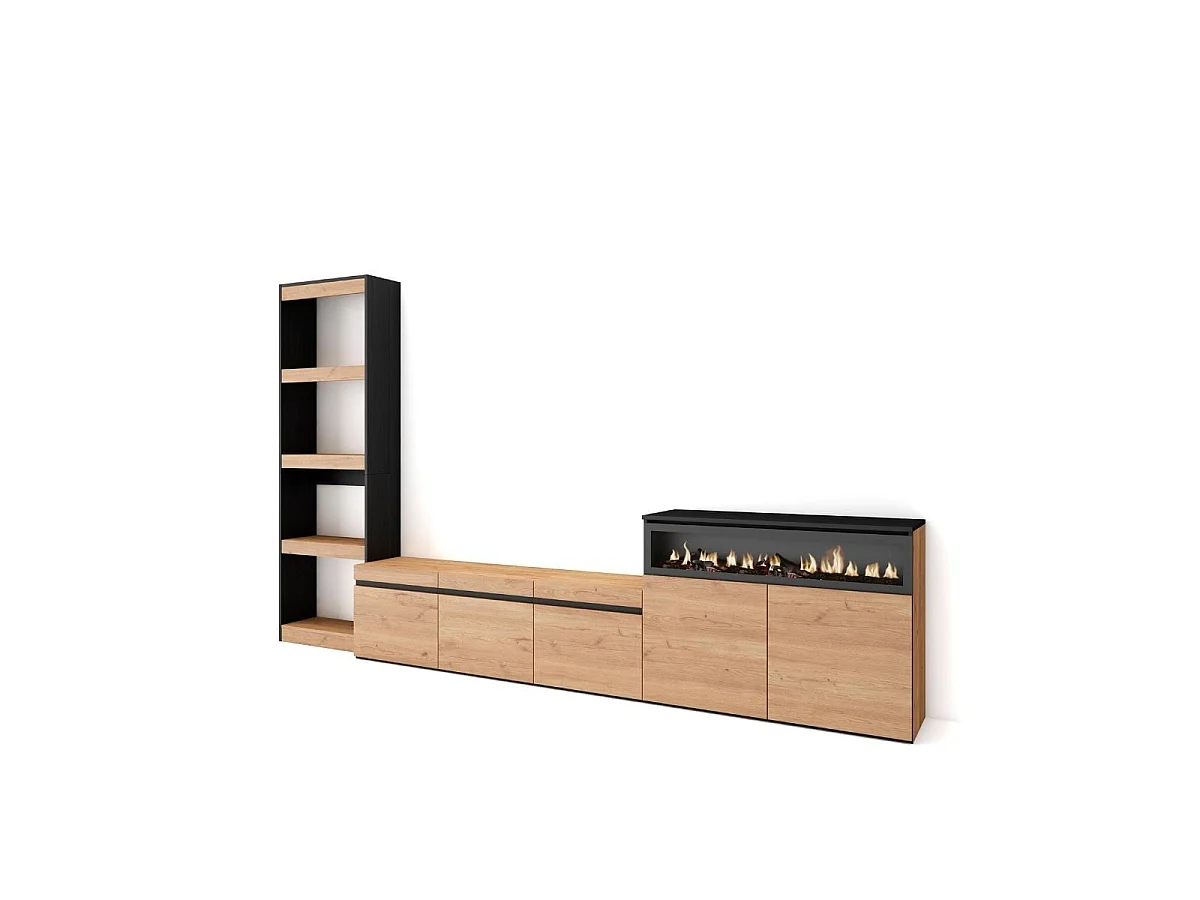 Composición de salón Kroma con chimenea derecha natural 185,9x313,5x34,6 cm