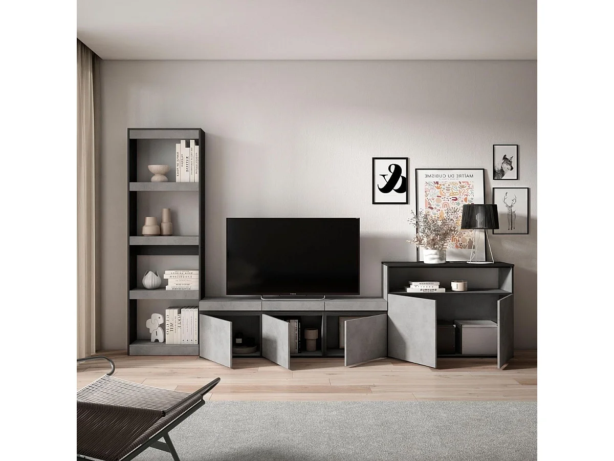 Composición de salón Kroma con estantería lateral izquierda gris 185,9x313,5x34,6 cm