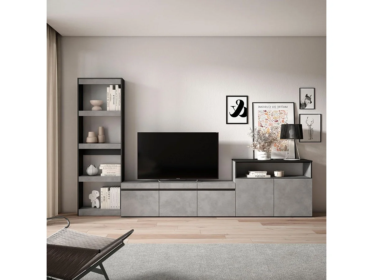 Composición de salón Kroma con estantería lateral izquierda gris 185,9x313,5x34,6 cm