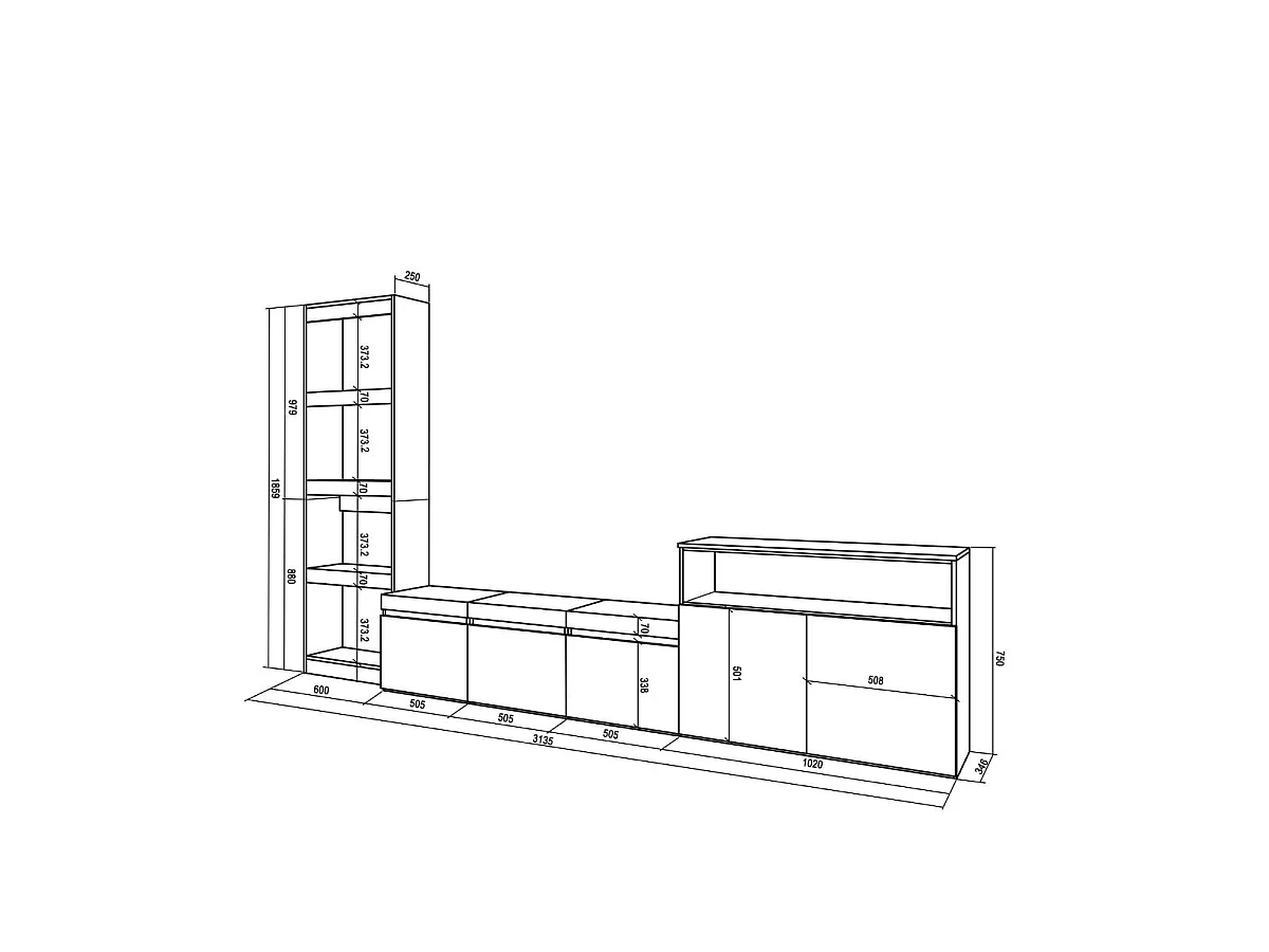 Composición de salón Kroma con estantería lateral izquierda gris 185,9x313,5x34,6 cm