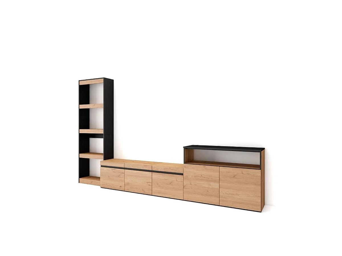 Composición de salón Kroma con estantería lateral izquierda natural 185,9x313,5x34,6 cm