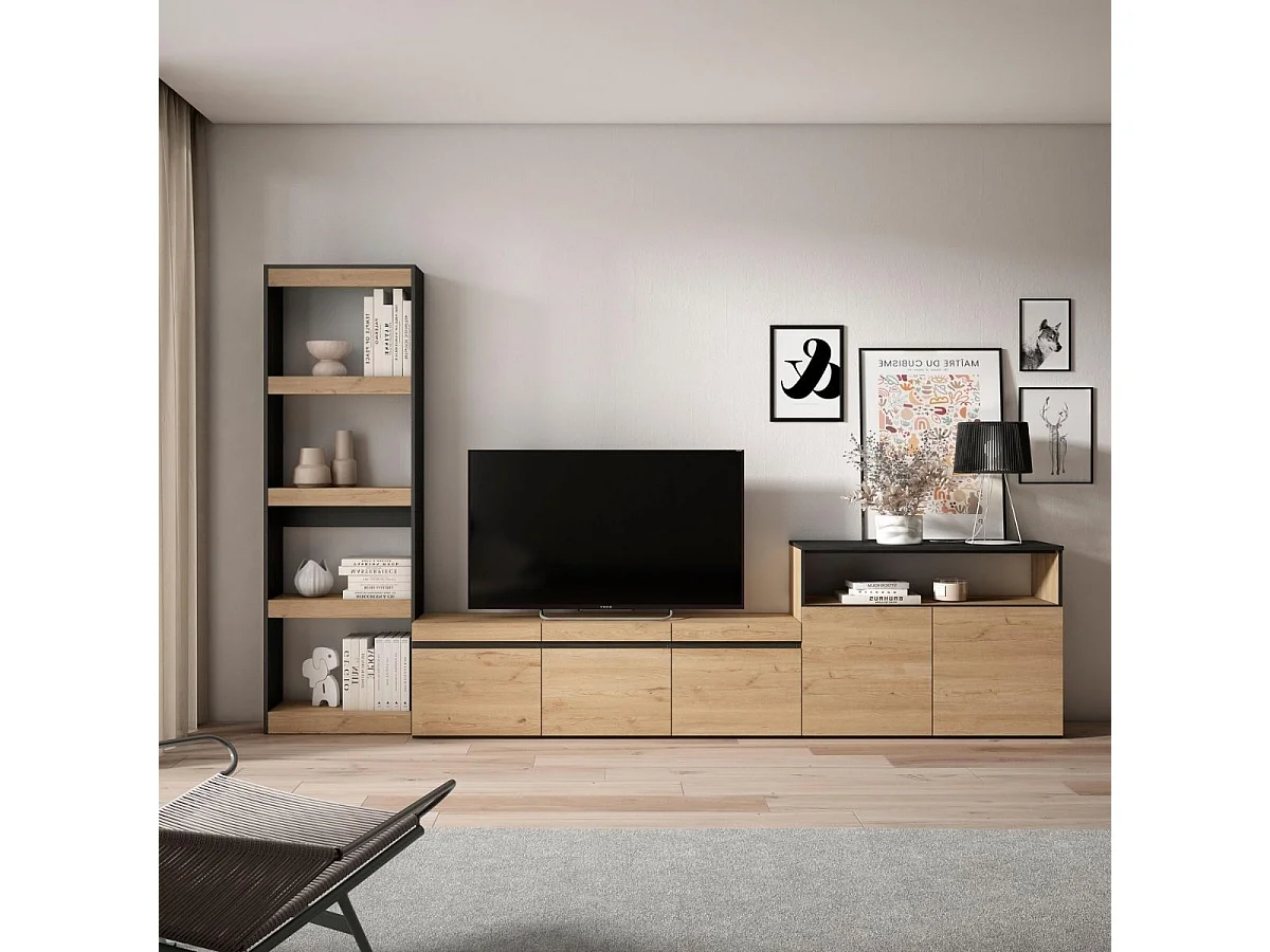 Composición de salón Kroma con estantería lateral izquierda natural 185,9x313,5x34,6 cm