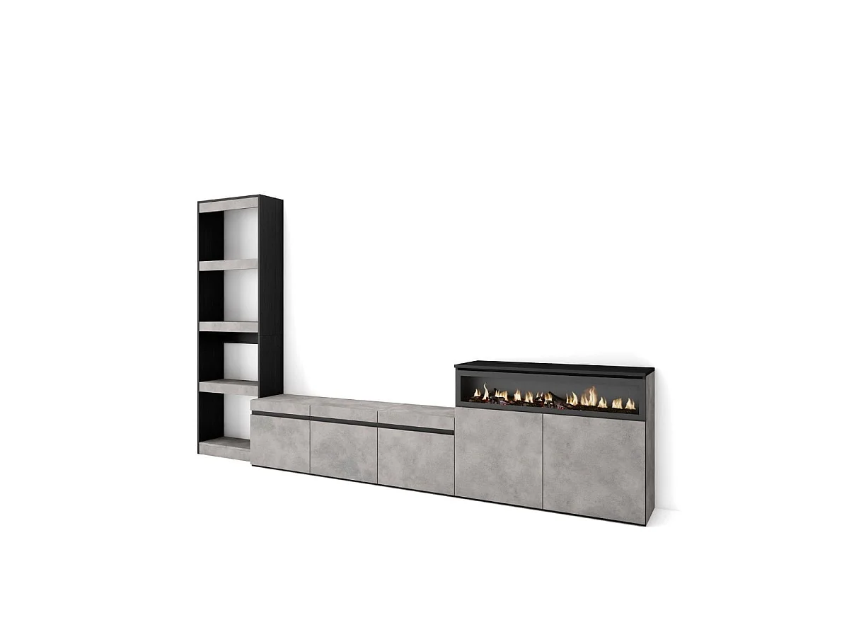 Composición de salón Kroma con chimenea derecha gris 185,9x313,5x34,6 cm