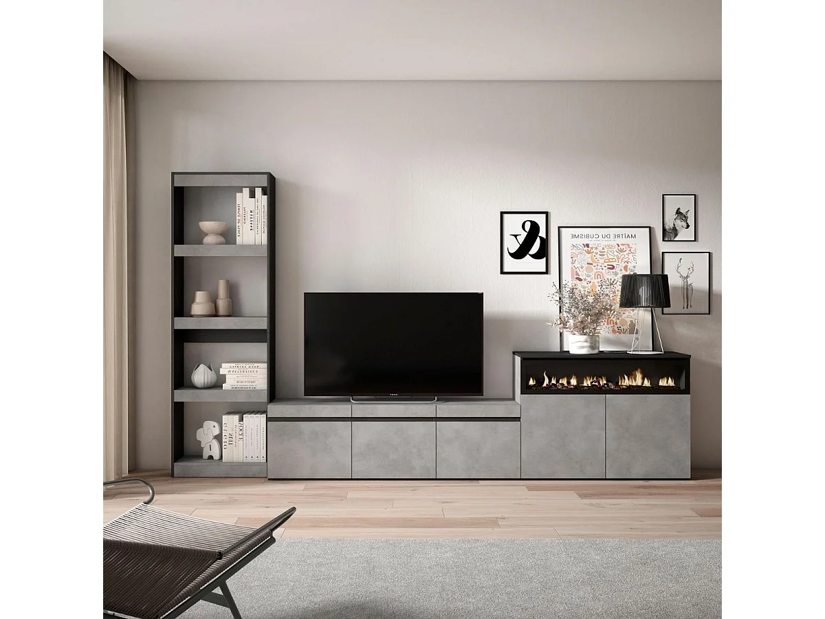 Composición de salón Kroma con chimenea derecha gris 185,9x313,5x34,6 cm