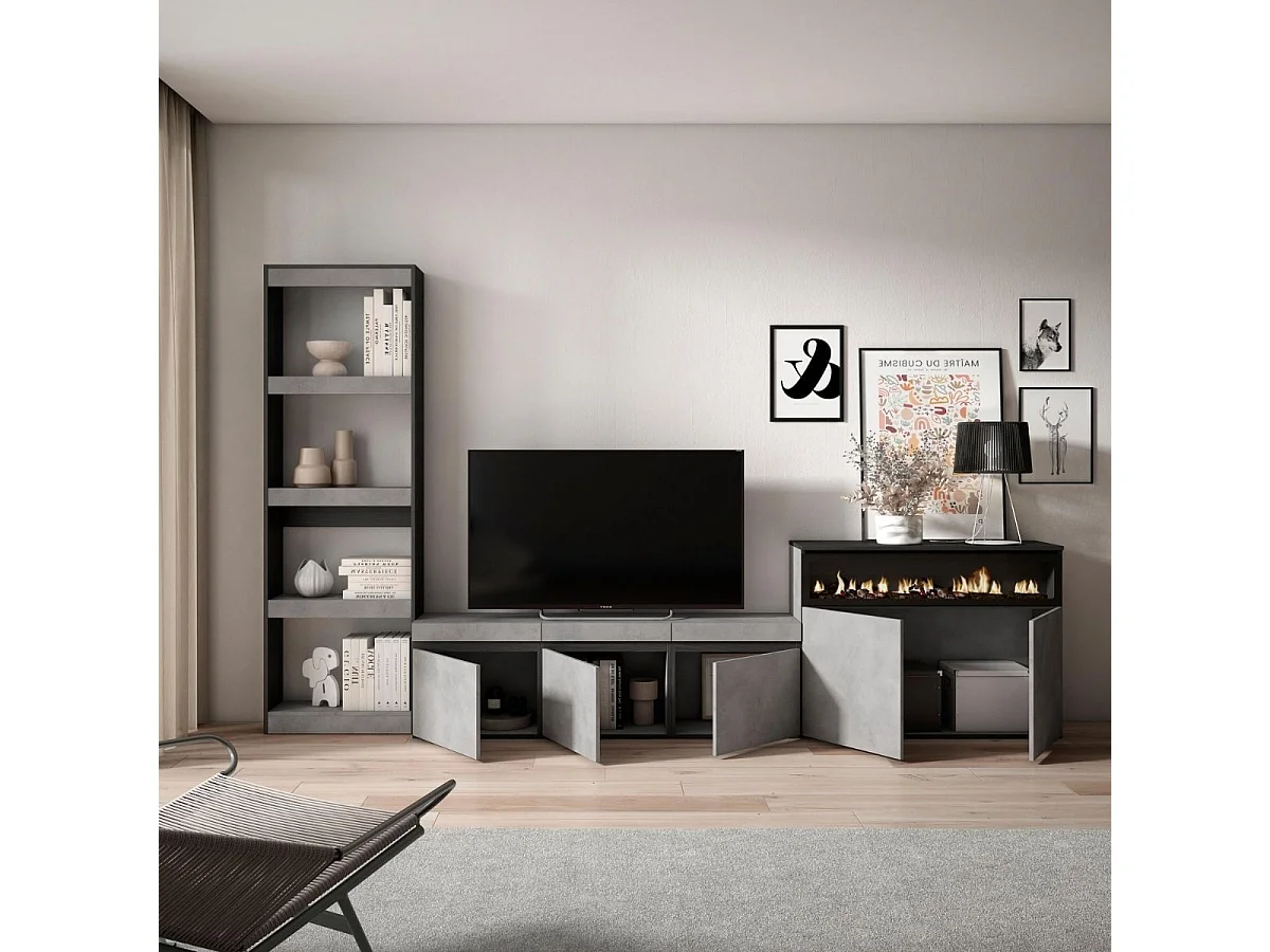 Composición de salón Kroma con chimenea derecha gris 185,9x313,5x34,6 cm