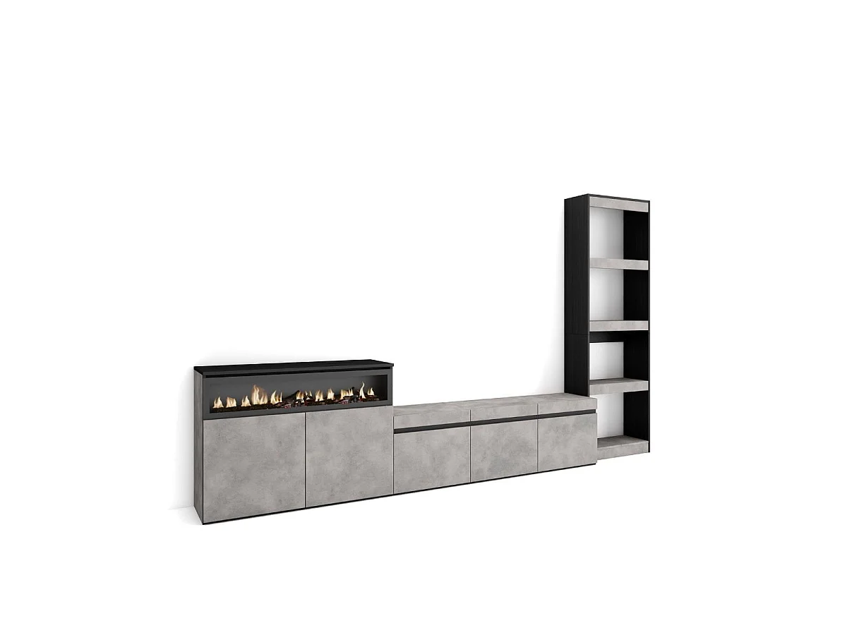 Composición de salón Kroma con chimenea izquierda gris 185,9x313,5x34,6 cm