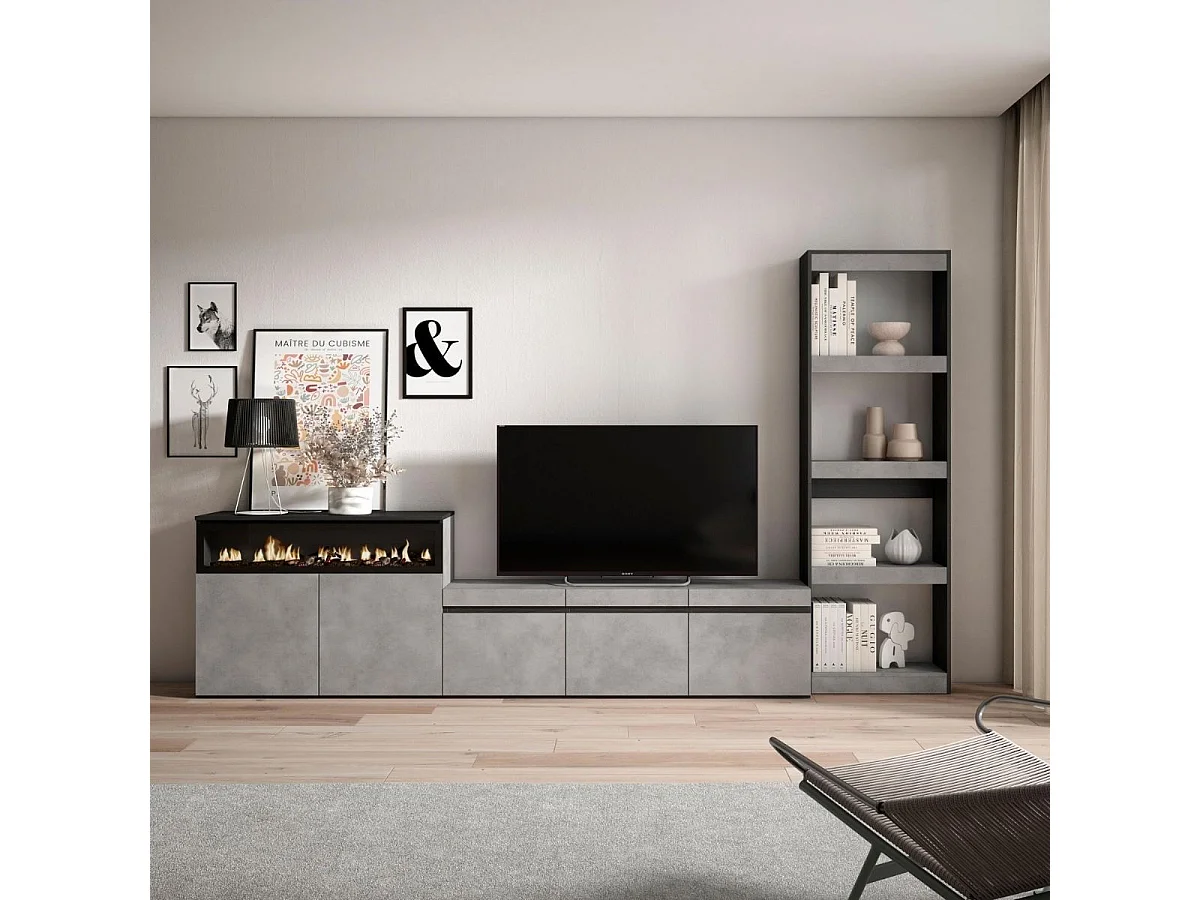 Composición de salón Kroma con chimenea izquierda gris 185,9x313,5x34,6 cm