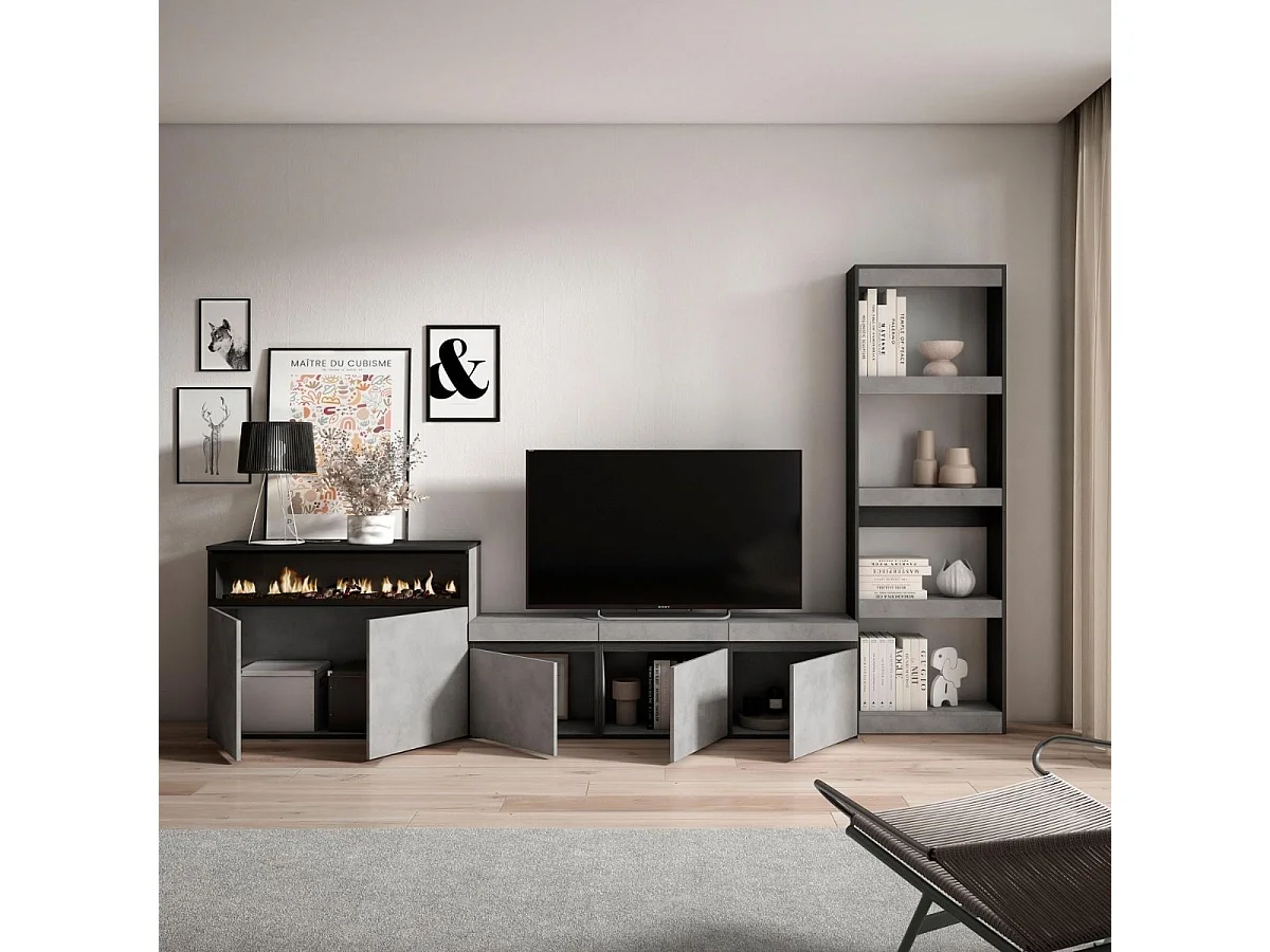 Composición de salón Kroma con chimenea izquierda gris 185,9x313,5x34,6 cm