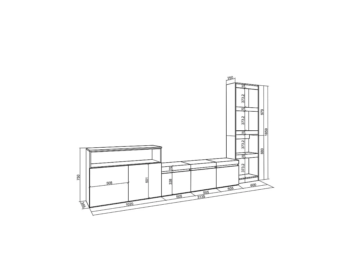 Composición de salón Kroma con estantería lateral derecha natural 185,9x313,5x34,6 cm
