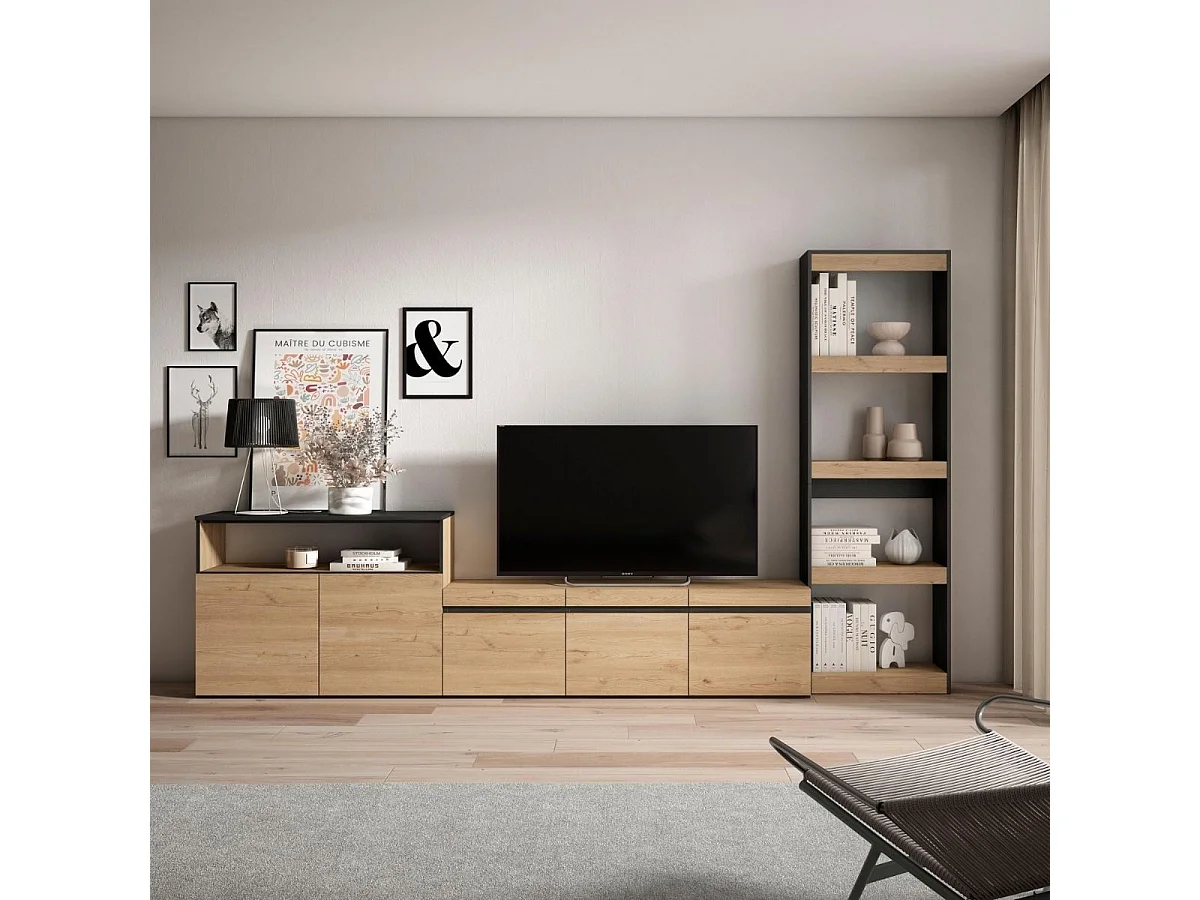 Composición de salón Kroma con estantería lateral derecha natural 185,9x313,5x34,6 cm