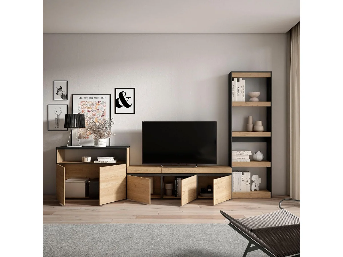 Composición de salón Kroma con estantería lateral derecha natural 185,9x313,5x34,6 cm