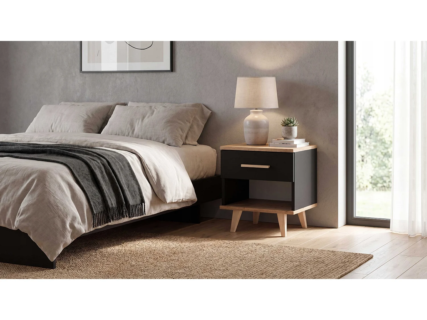 Szafka Nocna StIVMEBLE 1 SZUFLADA 40.2x36x43.6 Czarna Dąb Wotan Stolik Loft Do Sypialni