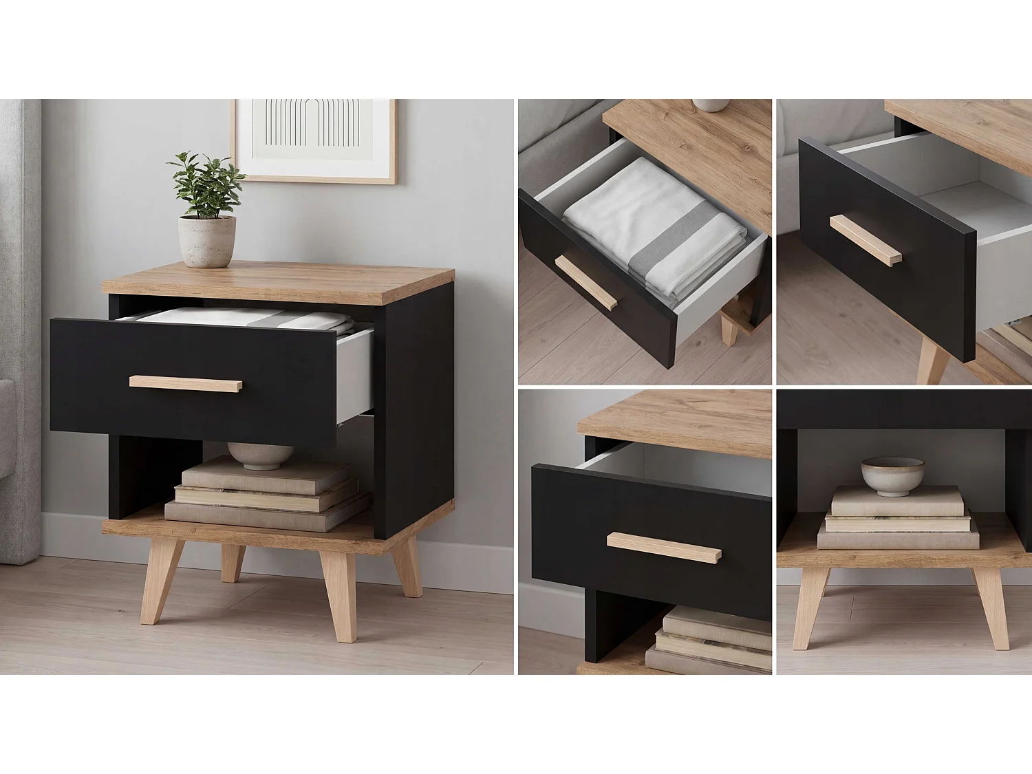 Szafka Nocna StIVMEBLE 1 SZUFLADA 40.2x36x43.6 Czarna Dąb Wotan Stolik Loft Do Sypialni