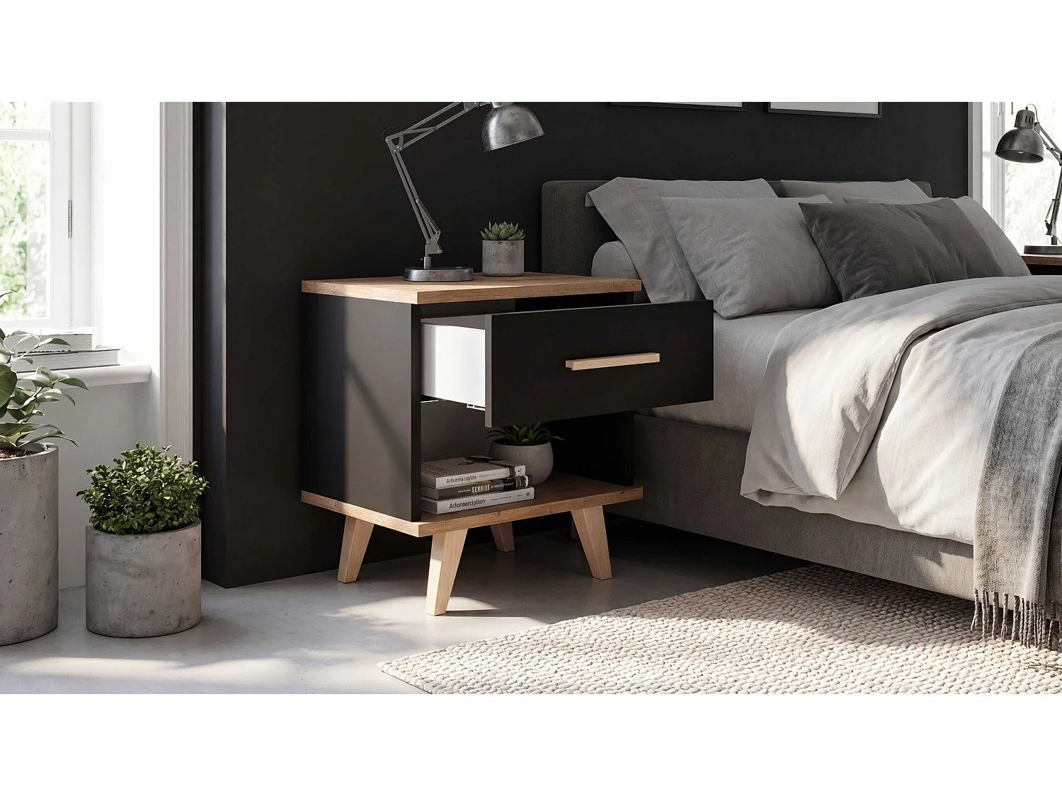 Szafka Nocna StIVMEBLE 1 SZUFLADA 40.2x36x43.6 Czarna Dąb Wotan Stolik Loft Do Sypialni