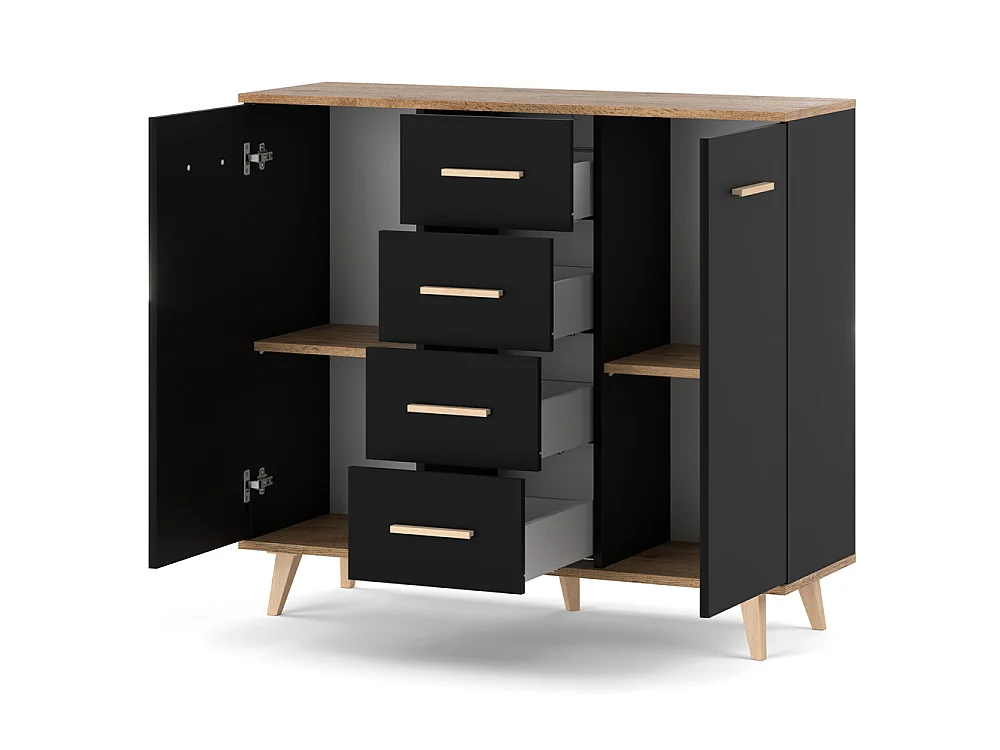 Komoda z Szufladami STIVMEBLE 106,4x36x95,2 Czarna Dąb Wotan Nowoczesna Szafka Do Salonu Sypialni