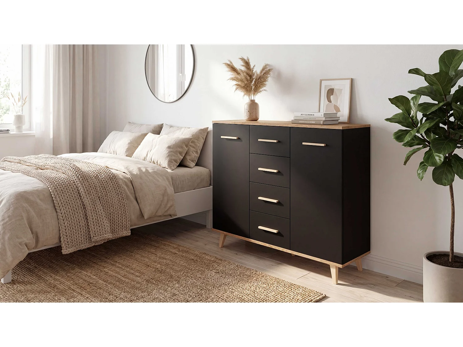 Komoda z Szufladami STIVMEBLE 106,4x36x95,2 Czarna Dąb Wotan Nowoczesna Szafka Do Salonu Sypialni