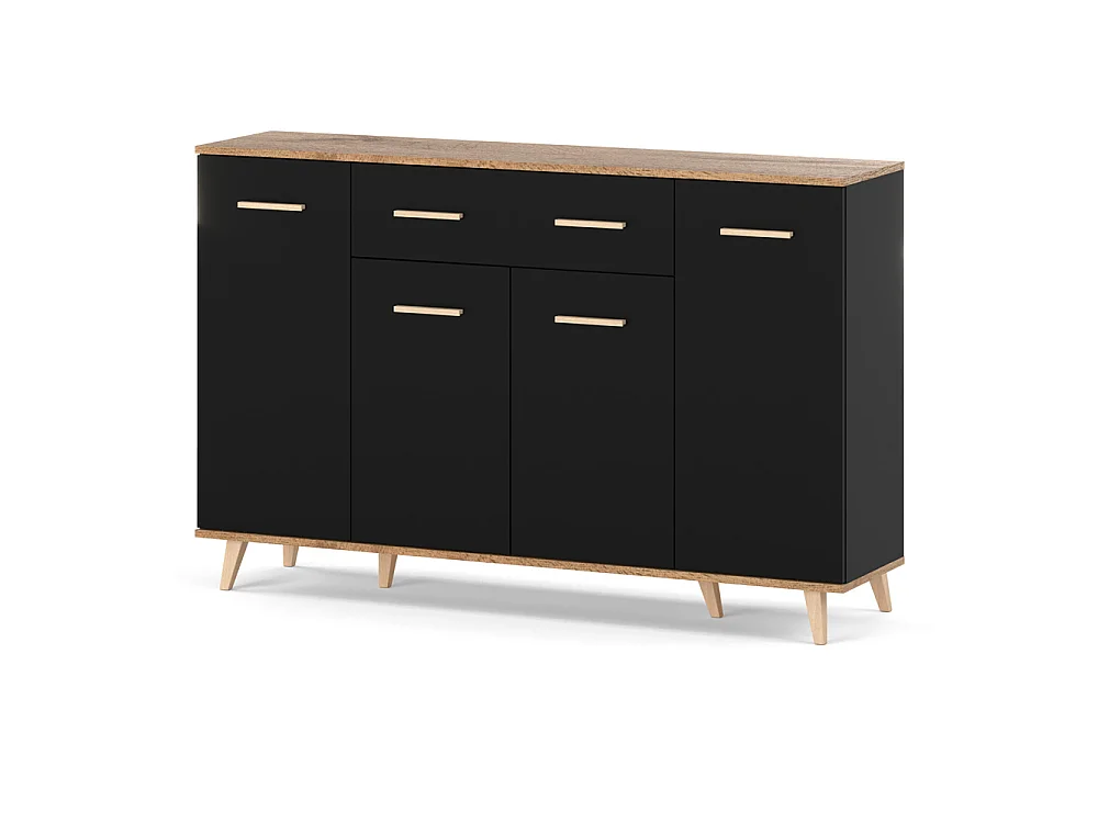 Komoda Z Szufladami STIVMEBLE 146.4x36x95.2 CM Czarna Dąb Wotan Szafka Loft Do Salonu Sypialni