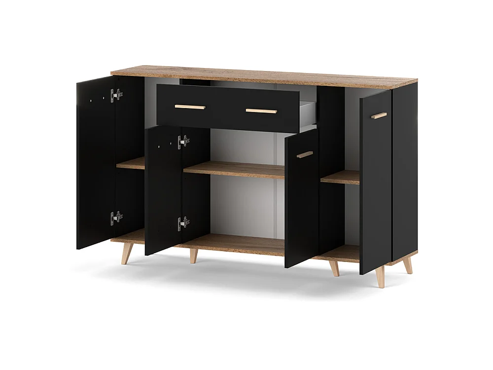Komoda Z Szufladami STIVMEBLE 146.4x36x95.2 CM Czarna Dąb Wotan Szafka Loft Do Salonu Sypialni