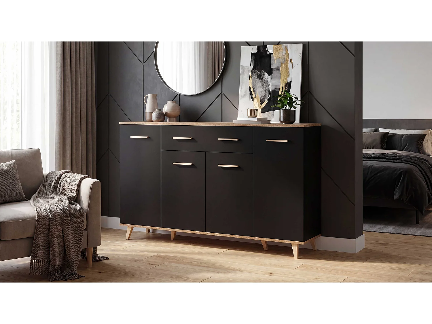 Komoda Z Szufladami STIVMEBLE 146.4x36x95.2 CM Czarna Dąb Wotan Szafka Loft Do Salonu Sypialni