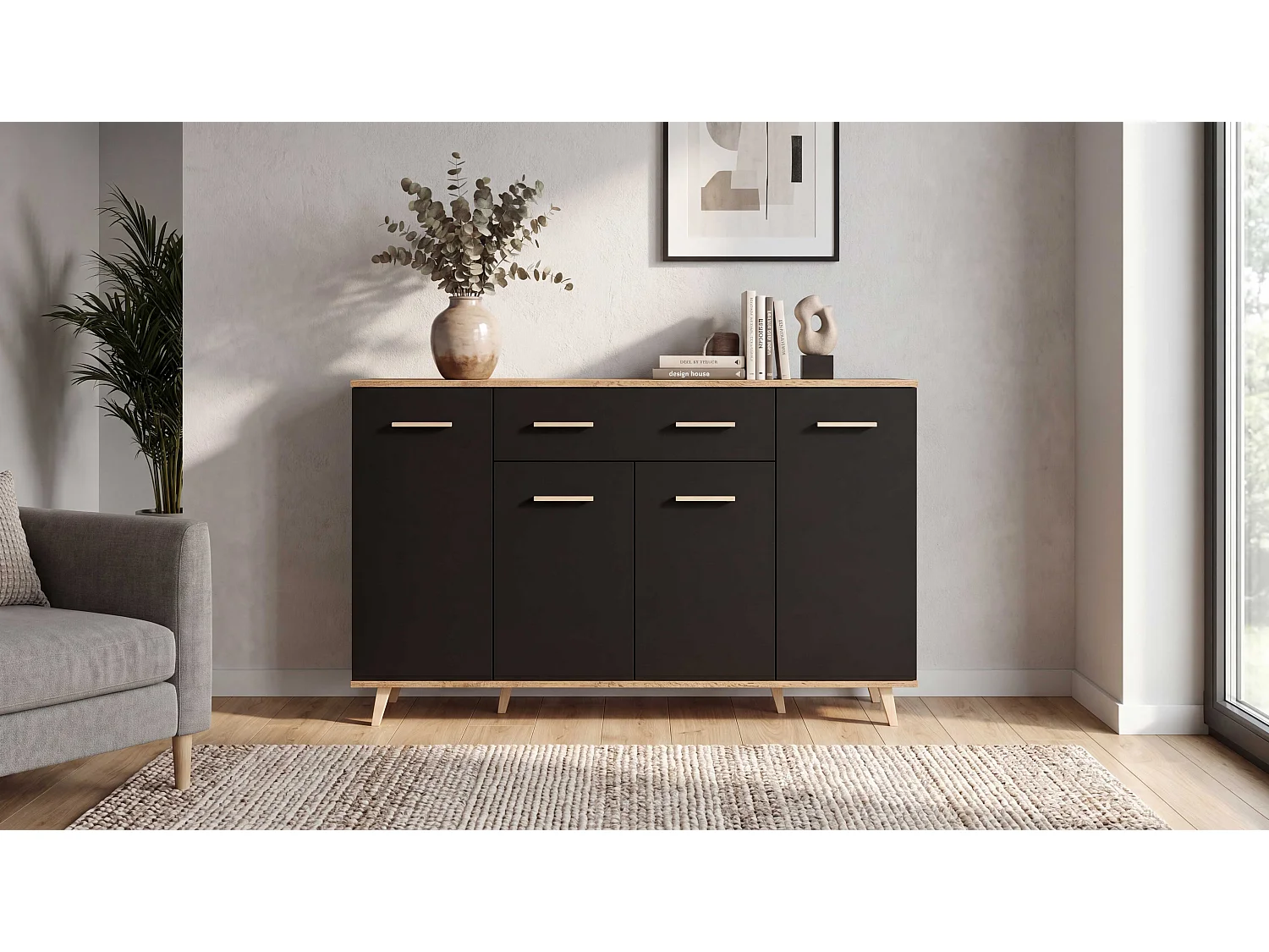 Komoda Z Szufladami STIVMEBLE 146.4x36x95.2 CM Czarna Dąb Wotan Szafka Loft Do Salonu Sypialni