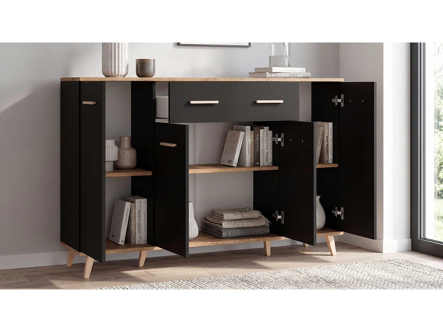 Komoda Z Szufladami STIVMEBLE 146.4x36x95.2 CM Czarna Dąb Wotan Szafka Loft Do Salonu Sypialni