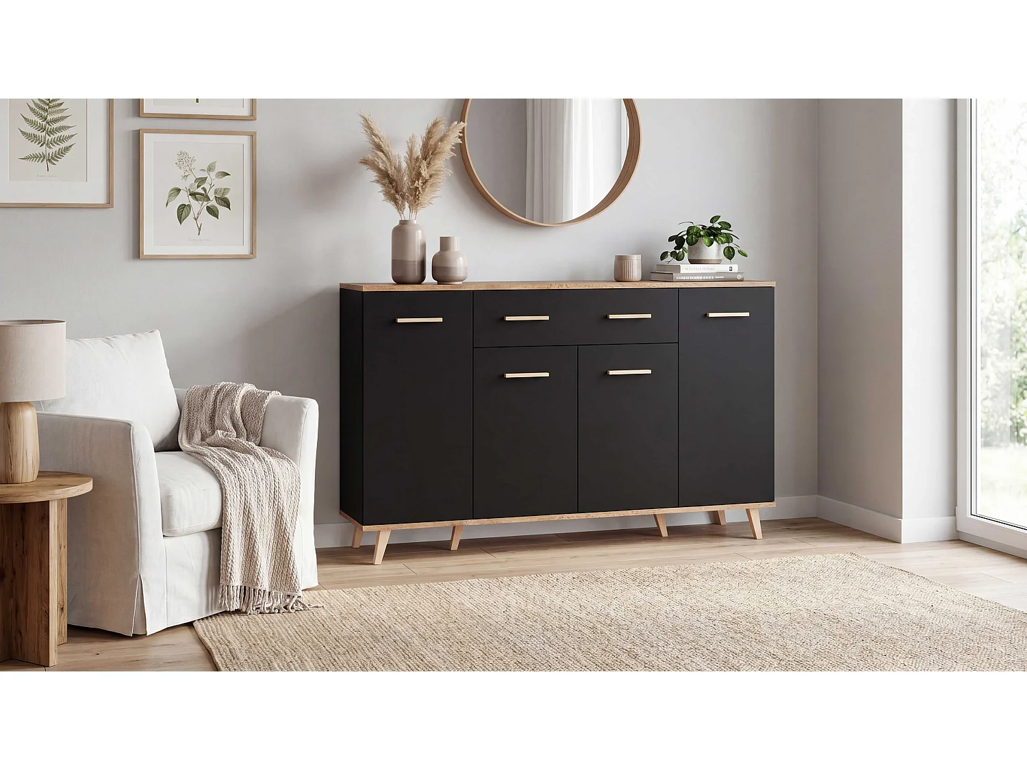 Komoda Z Szufladami STIVMEBLE 146.4x36x95.2 CM Czarna Dąb Wotan Szafka Loft Do Salonu Sypialni