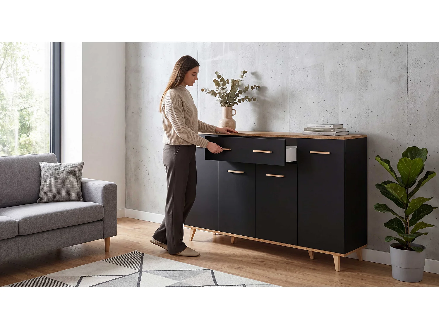 Komoda Z Szufladami STIVMEBLE 146.4x36x95.2 CM Czarna Dąb Wotan Szafka Loft Do Salonu Sypialni