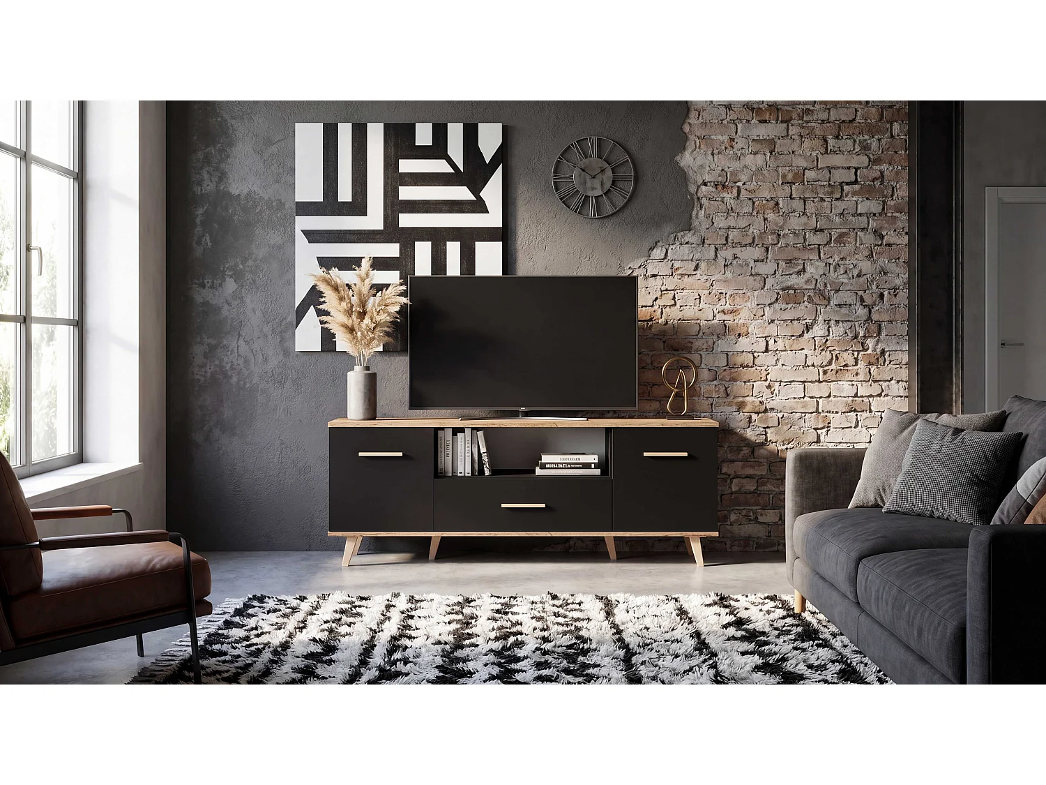 Szafka Rtv Pod Telewizor STIVMEBLE 137x36x54.6 CM Czarna Dąb Wotan Komoda Stojąca Salon