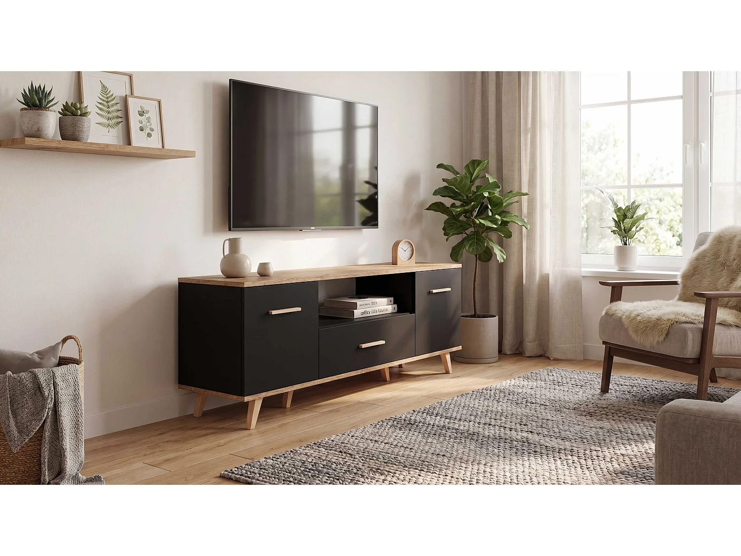 Szafka Rtv Pod Telewizor STIVMEBLE 137x36x54.6 CM Czarna Dąb Wotan Komoda Stojąca Salon