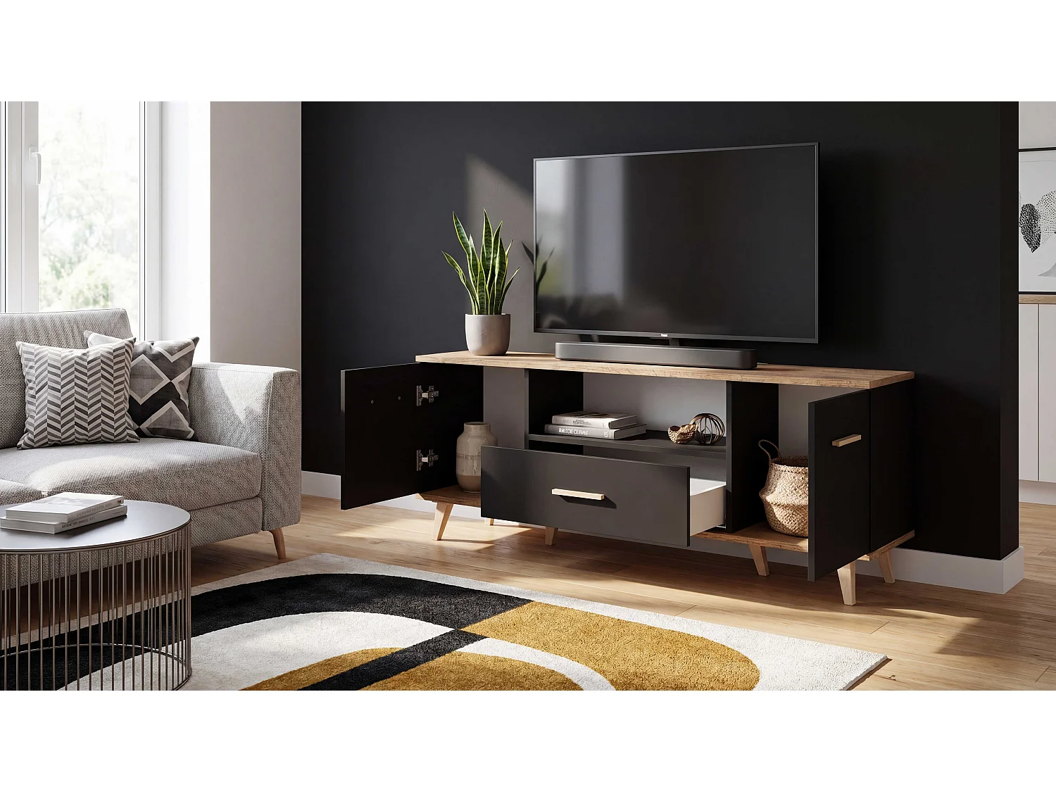 Szafka Rtv Pod Telewizor STIVMEBLE 137x36x54.6 CM Czarna Dąb Wotan Komoda Stojąca Salon