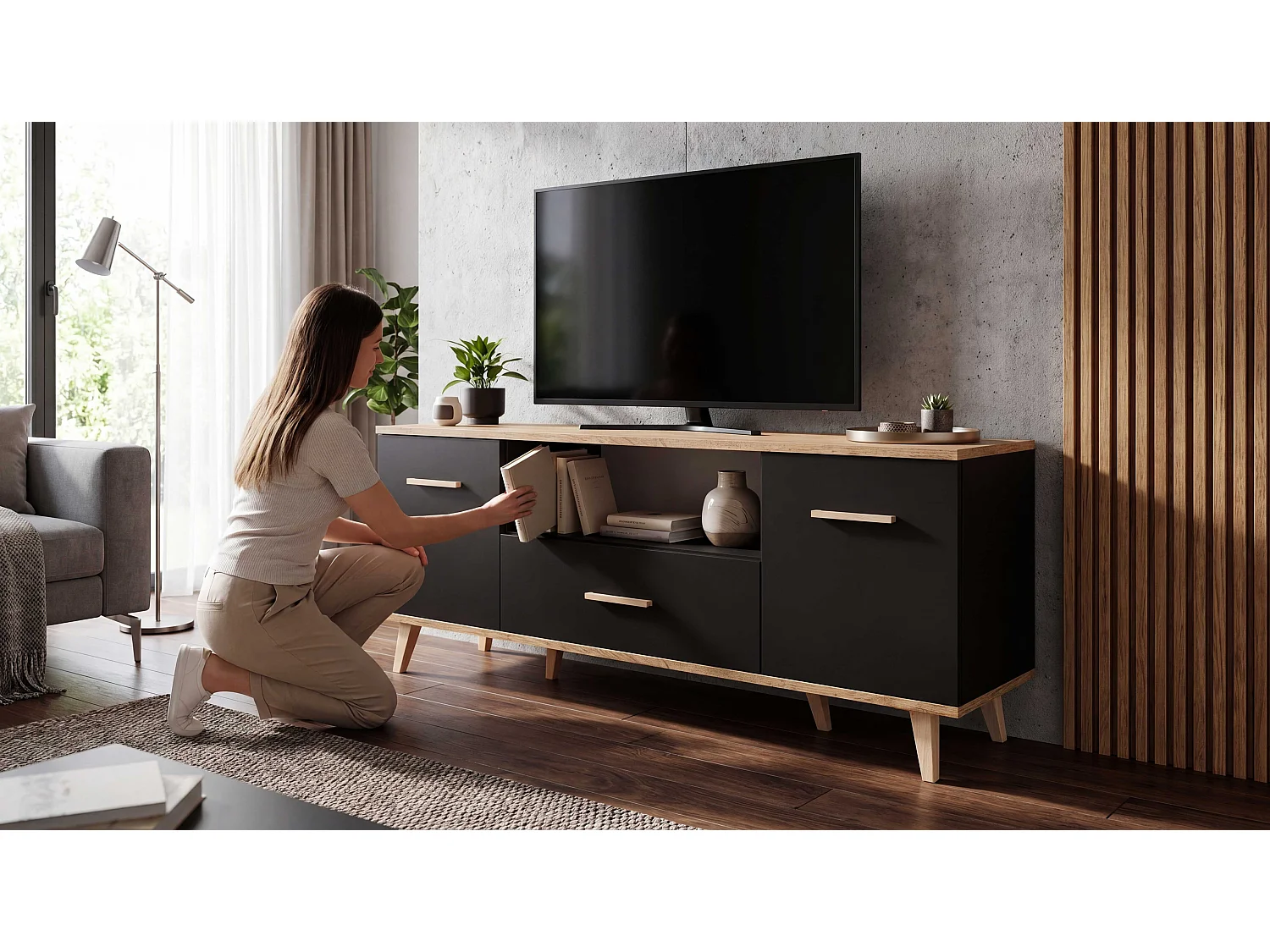 Szafka Rtv Pod Telewizor STIVMEBLE 137x36x54.6 CM Czarna Dąb Wotan Komoda Stojąca Salon