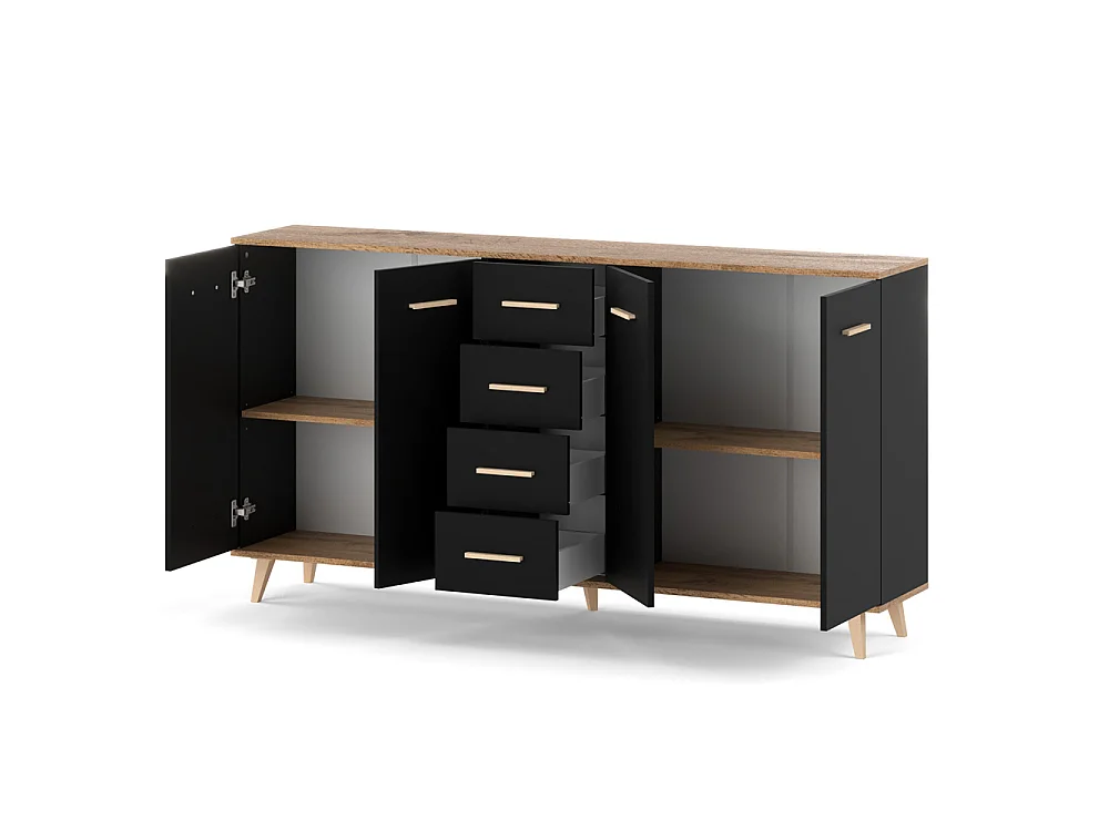 Komoda Z Szufladami STIVMEBLE 179.4x36x95.2 CM Czarna Dąb Wotan Szafka Loft Do Salonu Sypialni