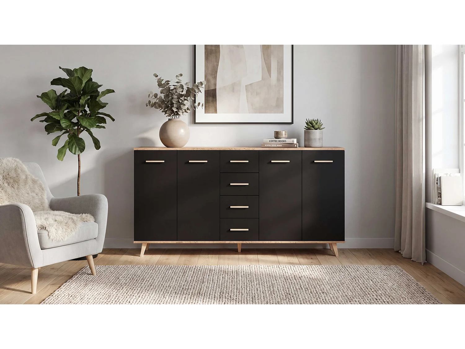 Komoda Z Szufladami STIVMEBLE 179.4x36x95.2 CM Czarna Dąb Wotan Szafka Loft Do Salonu Sypialni