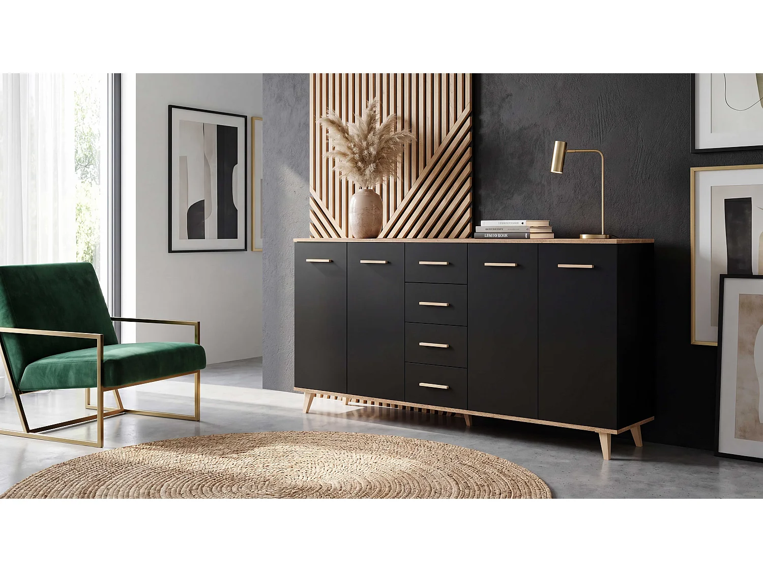 Komoda Z Szufladami STIVMEBLE 179.4x36x95.2 CM Czarna Dąb Wotan Szafka Loft Do Salonu Sypialni