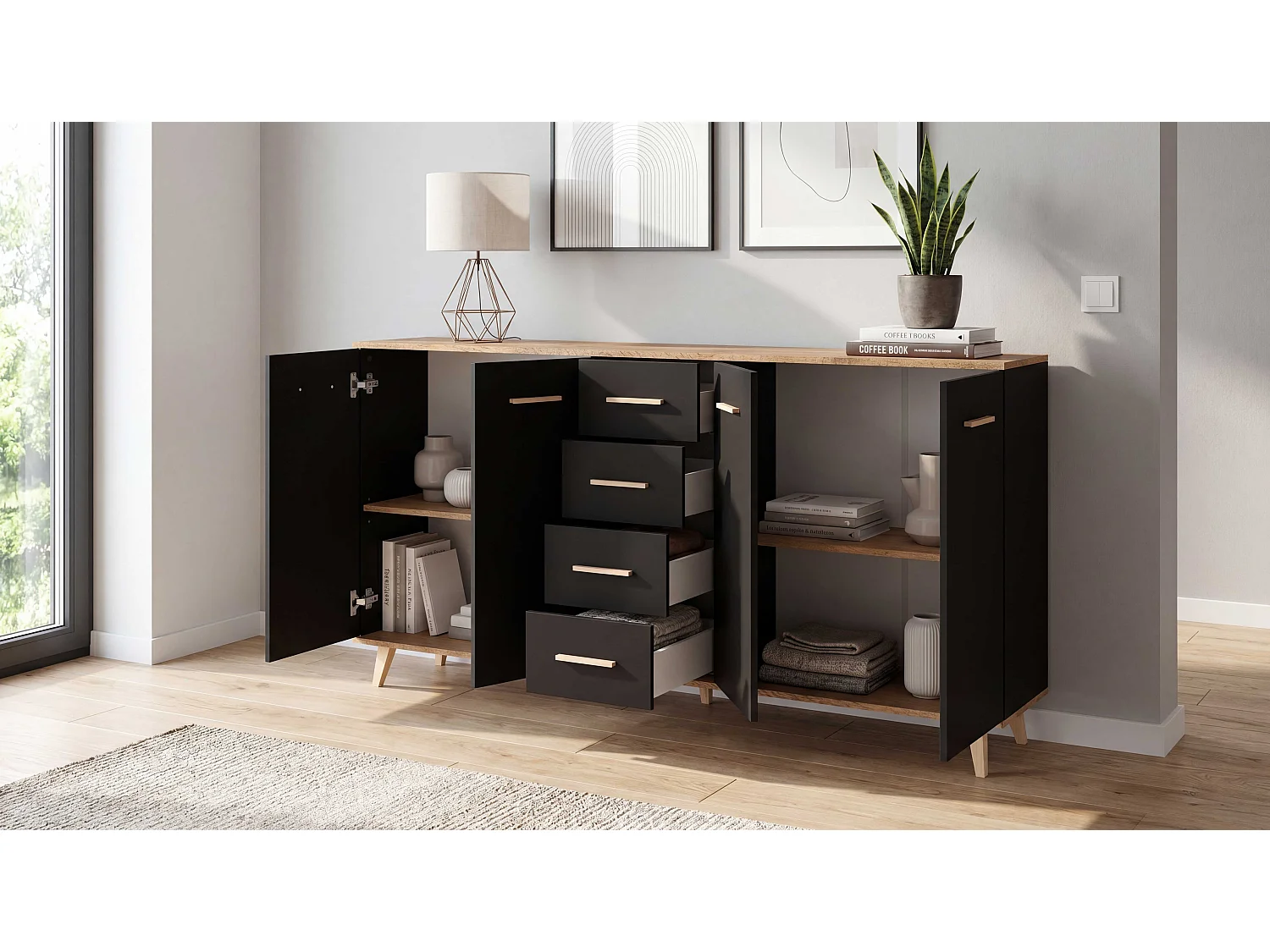 Komoda Z Szufladami STIVMEBLE 179.4x36x95.2 CM Czarna Dąb Wotan Szafka Loft Do Salonu Sypialni