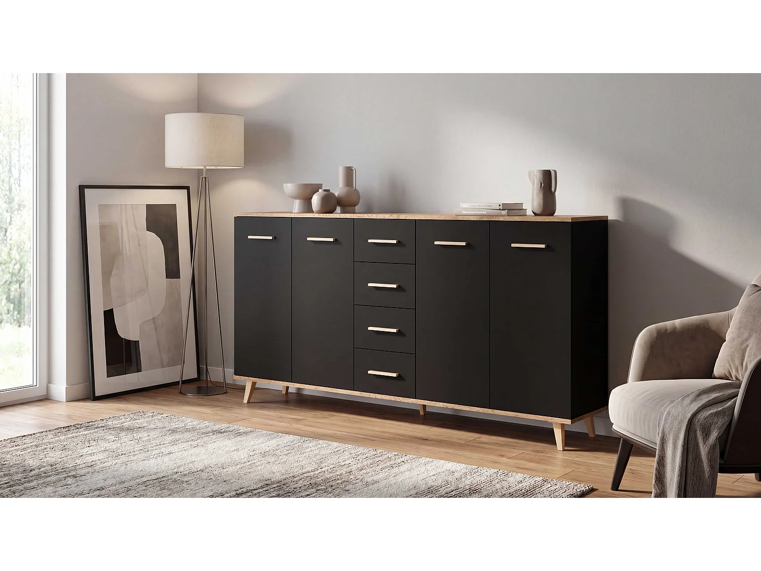 Komoda Z Szufladami STIVMEBLE 179.4x36x95.2 CM Czarna Dąb Wotan Szafka Loft Do Salonu Sypialni