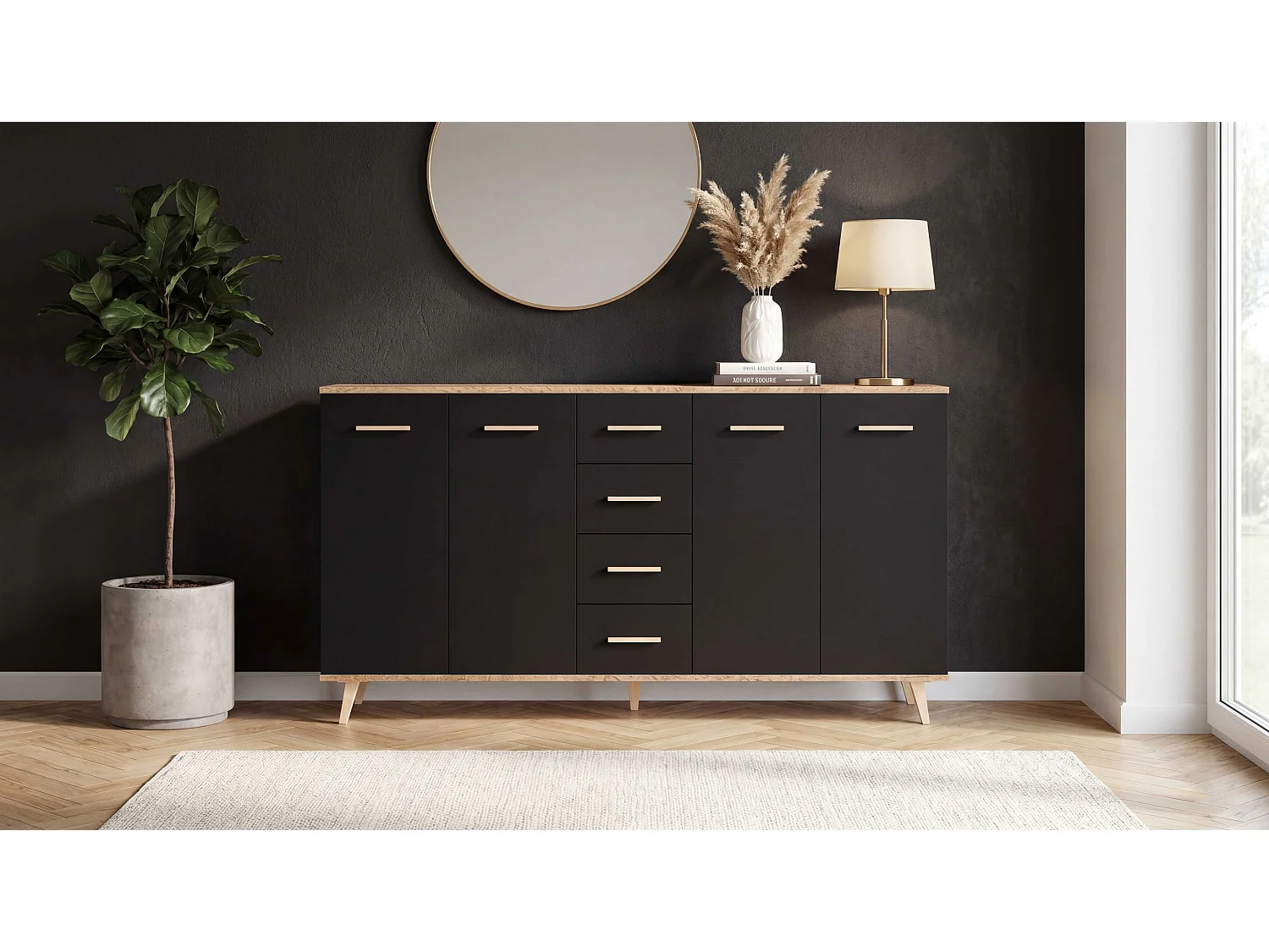 Komoda Z Szufladami STIVMEBLE 179.4x36x95.2 CM Czarna Dąb Wotan Szafka Loft Do Salonu Sypialni