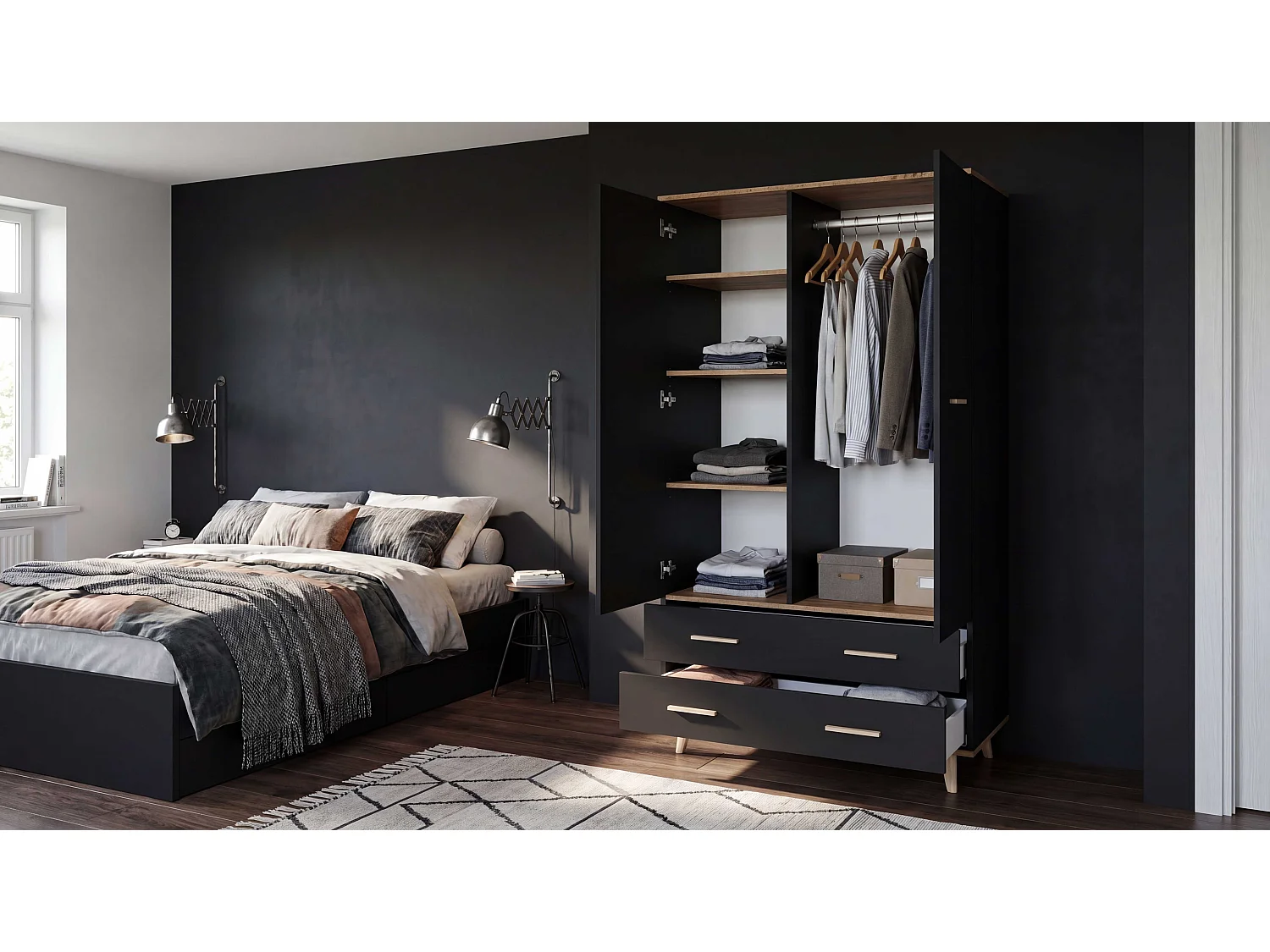 Szafa Loft STIVMEBLE 90x54x192 CM Czarna Dąb Wotan Garderoba Na Ubrania Do Sypialni Przedpokoju