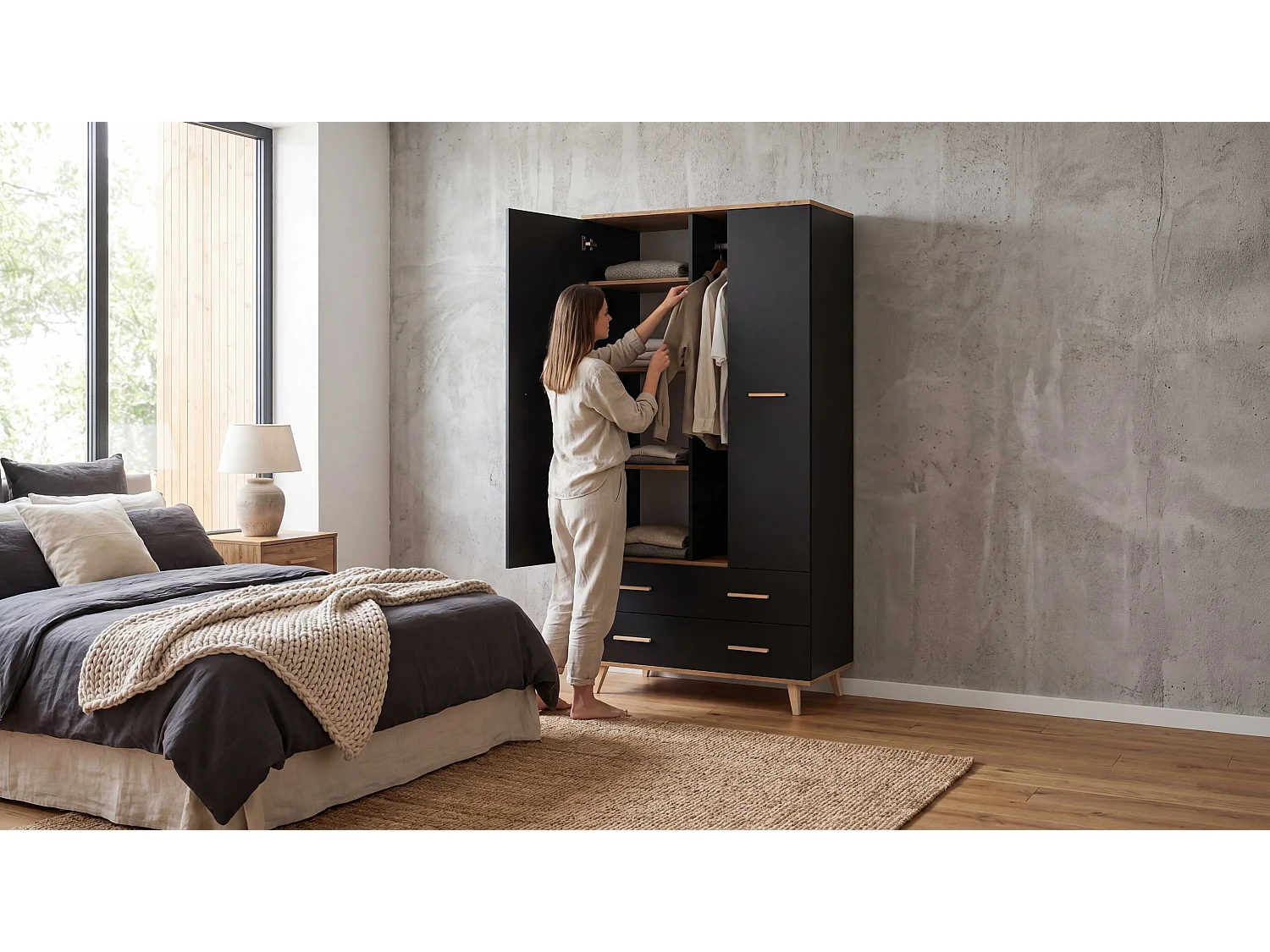 Szafa Loft STIVMEBLE 90x54x192 CM Czarna Dąb Wotan Garderoba Na Ubrania Do Sypialni Przedpokoju