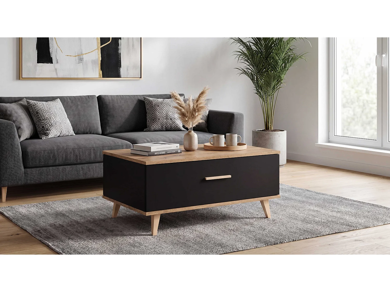 Stolik Kawowy Loft STIVMEBLE 80x58x40 CM Prostokątny Czarny Dąb Wotan Ława do Salonu Z Półką