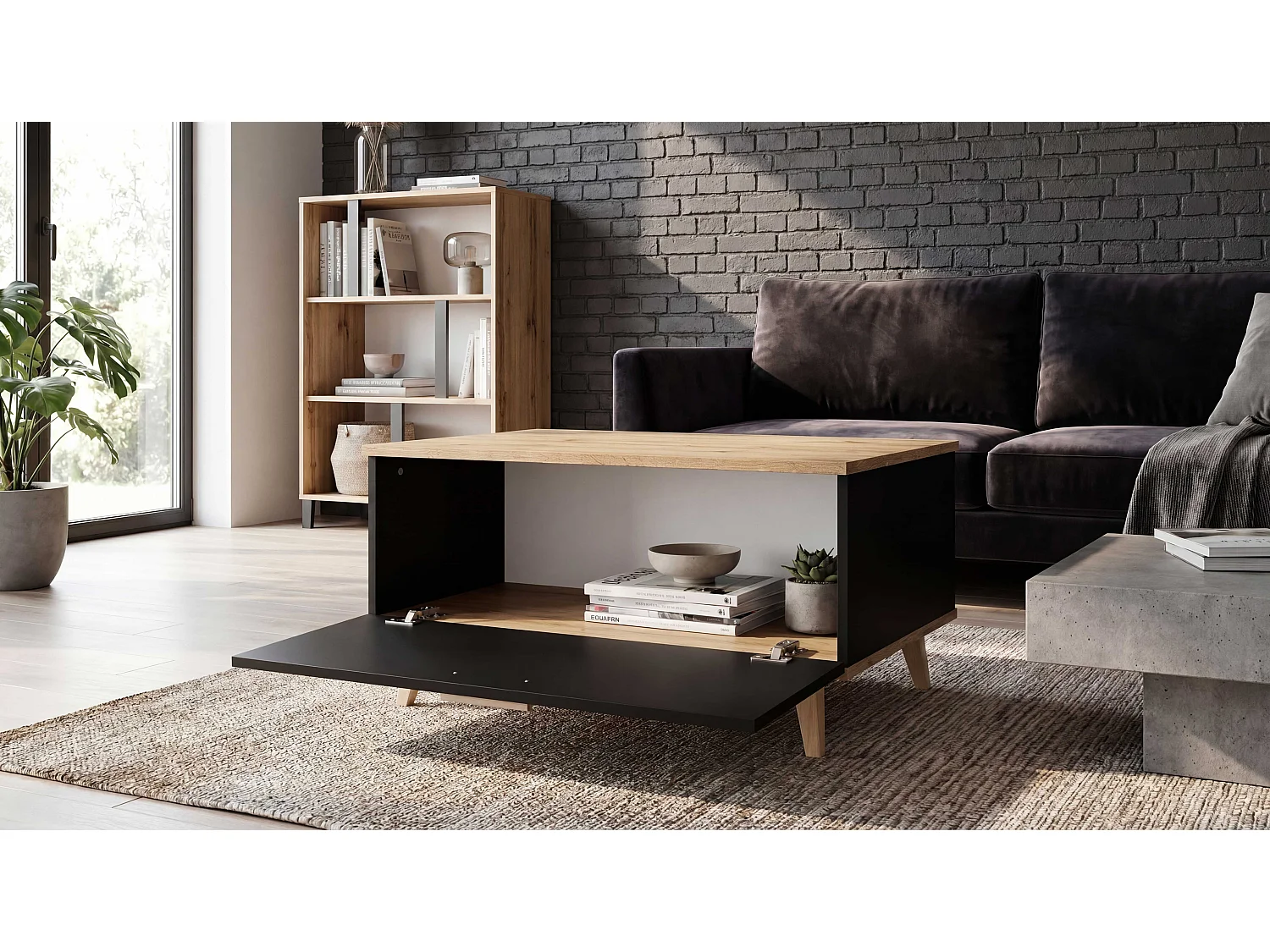 Stolik Kawowy Loft STIVMEBLE 80x58x40 CM Prostokątny Czarny Dąb Wotan Ława do Salonu Z Półką