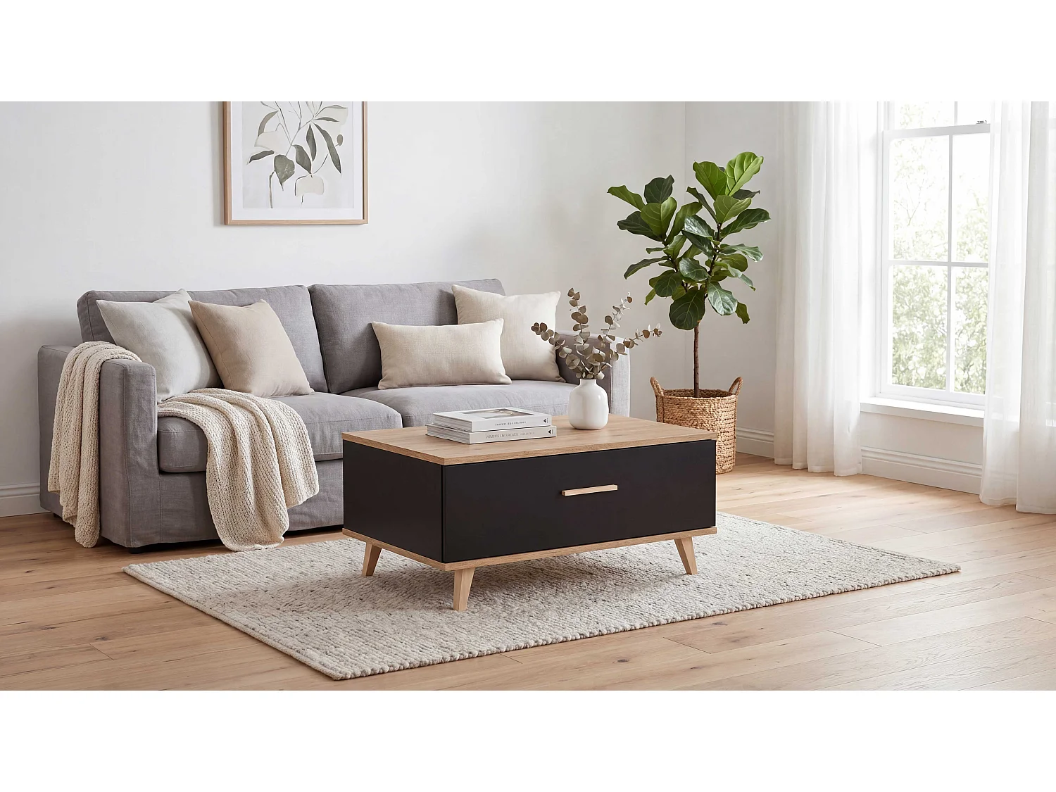 Stolik Kawowy Loft STIVMEBLE 80x58x40 CM Prostokątny Czarny Dąb Wotan Ława do Salonu Z Półką